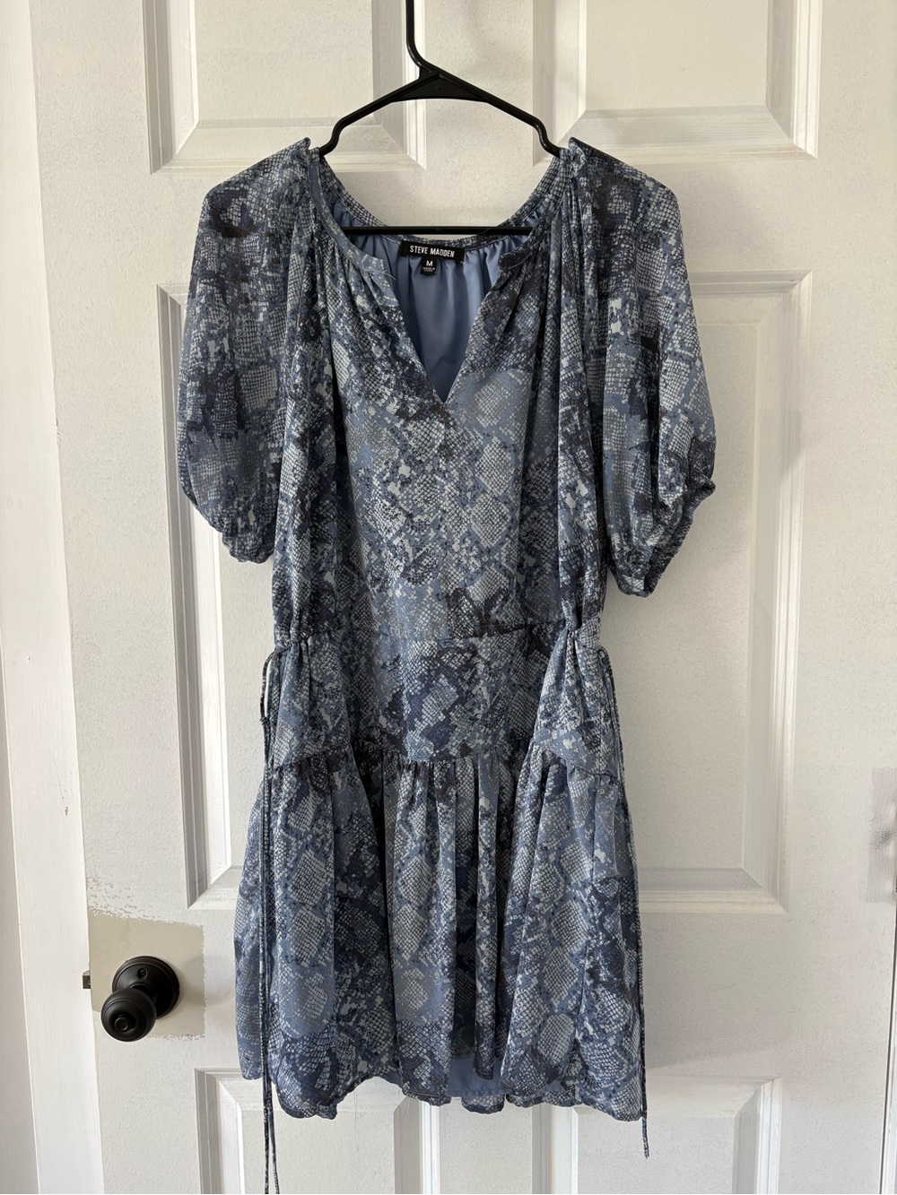 Steve Madden Slate Blue Snake-Print Puff Sleeve Mini Dress